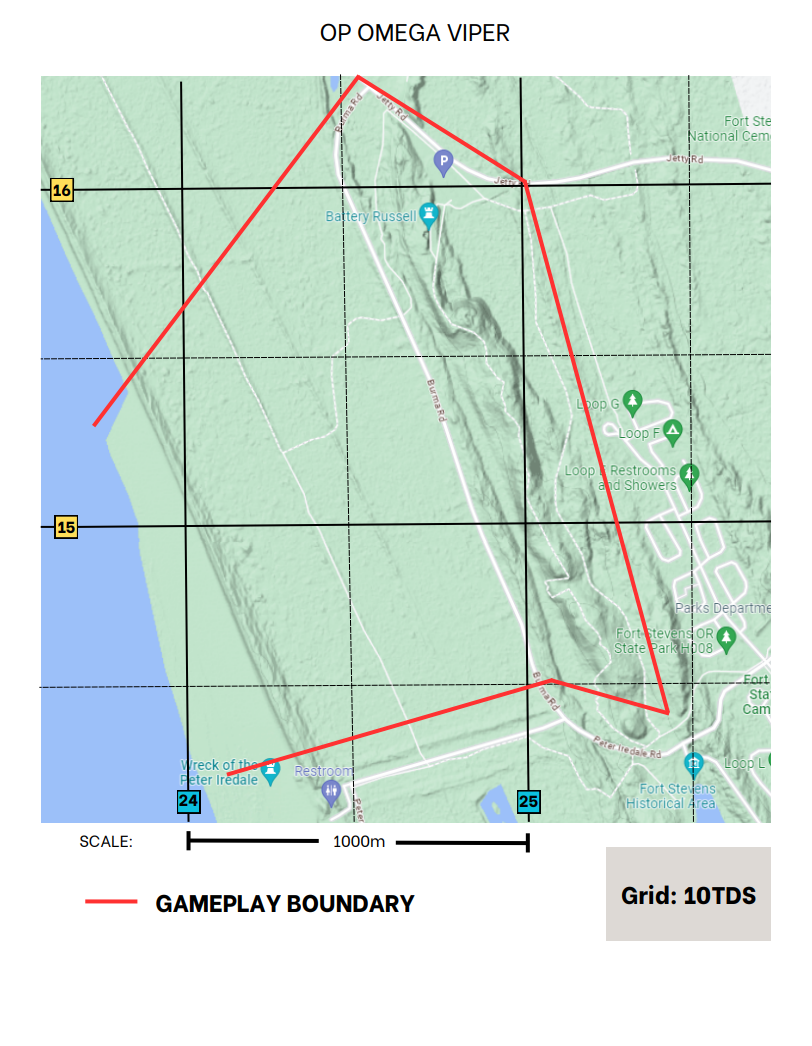 Satellite map of Fort Stevens State Park showing the red gameplay boundary