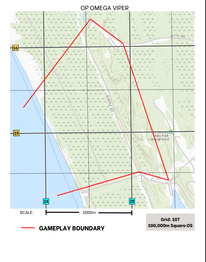 Topographic terrain map of the operation area with the gameplay boundary marked in red