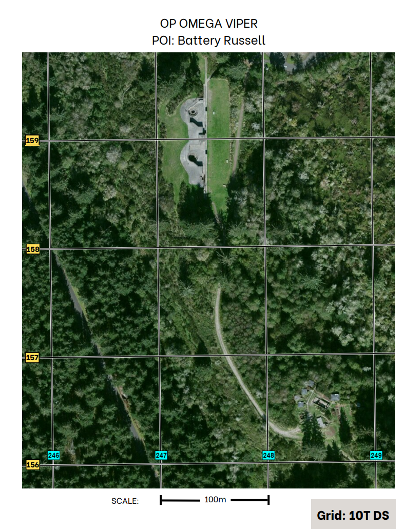 Close satellite map of Battery Russell point of interest with grid reference lines